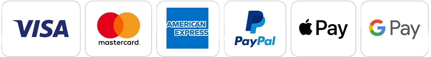 Modes de paiement acceptés : Visa, PayPal, Mastercard, Apple Pay, Google Pay, American Express